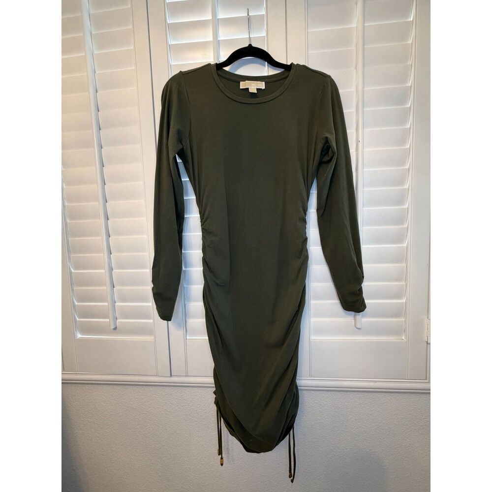 Michael Kors Olive Green Ruched Long Sleeve Midi Dress Mock Neck - S